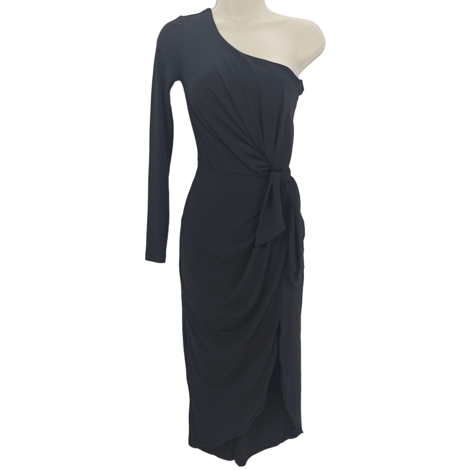 Nookie Womans Size S Aphrodite One-Shoulder Midi Gown Dress Black Tie Side New